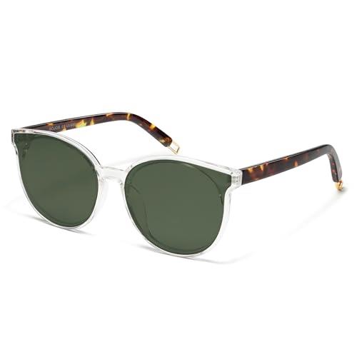 SOJOS Fashion Round Sunglasses for Women Men Oversized Vintage Shades SJ2057 with Clear/Dark Green