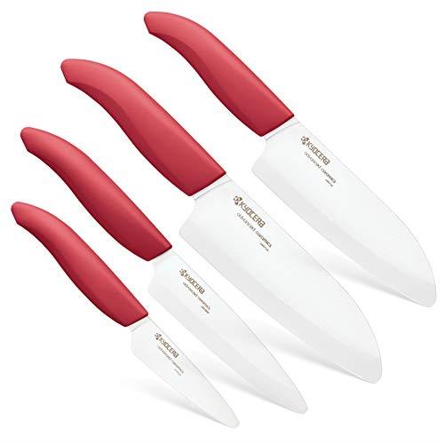 Kyocera Advanced Ceramic Revolution 4-Piece Knife Set: Includes 6-inch Chef's Santoku, 5.5-inch Santoku, 4.5-inch Utility and 3-inch Paring-Red Handles w/White Blades
