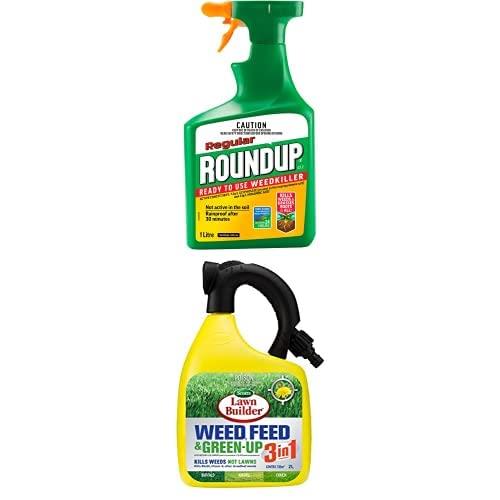 Roundup Regular Ready to Use Weed Killer (1L) + Lawn Builder 3 in 1 Feed Fertiliser
