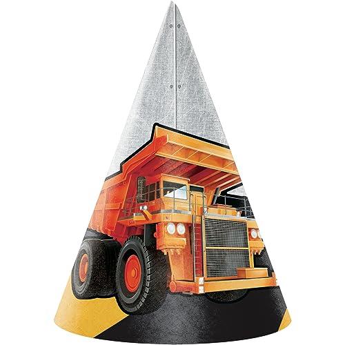 Creative Converting Big Dig Construction Cone Shaped Party Hats, 8 Pieces