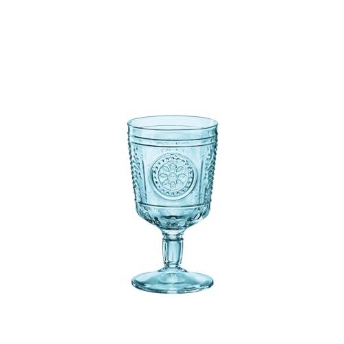 Bormioli Rocco Romantic Set of 4 Stemware Glasses, 10.75 Oz. Colored Crystal Glass, Light Blue, Made in Italy.