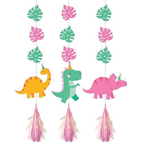 Creative Converting Girl Dino Party Decor Hanging Iridescent Decorations Cut-outs 3-Pieces, 91 cm Size