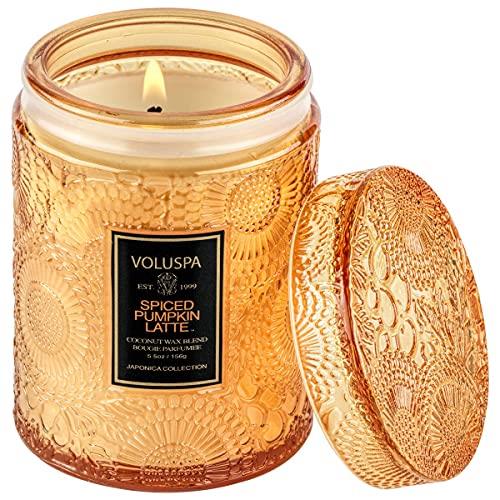 Voluspa Spiced Pumpkin Latte Candle | 5.5 Oz | Small Glass Jar with Lid | All Natural Wicks and Coconut Wax for Clean Burning | Vegan