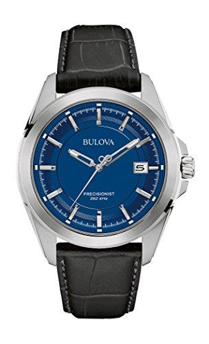 Bulova Men's Precisionist 3-Hand Calendar Stainless Steel with Black Leather Strap and Blue Dial Style: 96B257, Silver-Tone/Blue dial, Precisionist