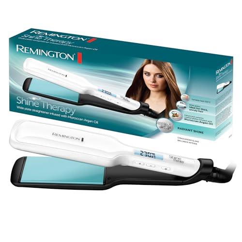 Remington Shine Therapy Hair Straighteners Wide (High-Quality Ceramic Coating Enriched with Microactive Ingredients for More Shine - Moroccan Argan Oil & Vitamin E) LCD Display 150-230°C Hair Straightener S8550