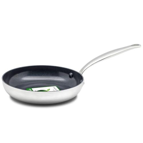Greenpan Barcelona Evershine Tri-Ply Stainless Steel Healthy Diamond Reinforced Ceramic Non-Stick 24 cm Frying Pan Skillet, PFAS-Free, Multi Clad, Induction, Oven Safe, Silver