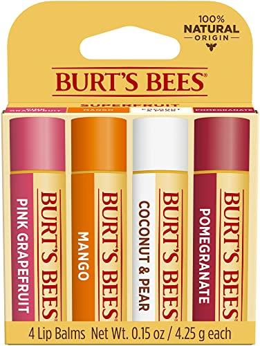 Burt's Bees 100% Natural Origin Moisturising Lip Balm Set, Superfruit - Pomegranate, Coconut & Pear, Mango, Pink Grapefruit, 4 Tubes