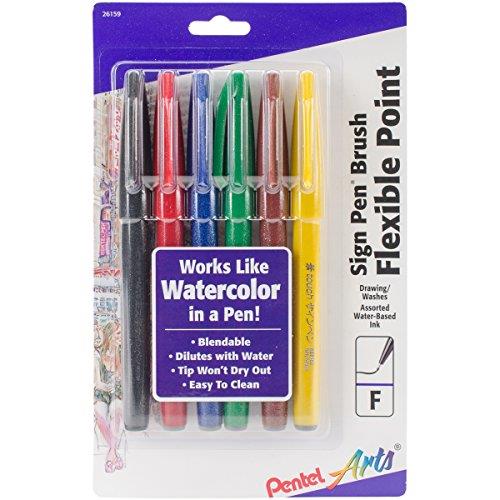 Pentel Assorted Arts Sign Pen with Brush Tip (Pack of 6)