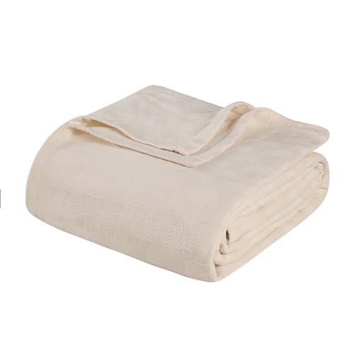Superior 100% Cotton Thermal Blanket, Soft and Breathable Cotton for All Seasons, Bed Blanket and Oversized Throw Blanket with Luxurious Basket Weave Pattern - Twin Size, Ivory
