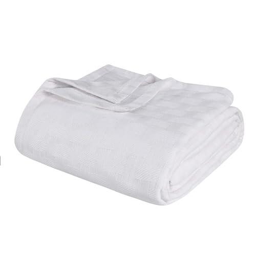 Superior 100% Cotton Thermal Blanket, Soft and Breathable Cotton for All Seasons, Bed Blanket and Oversized Throw Blanket with Luxurious Basket Weave Pattern - Twin Size, White