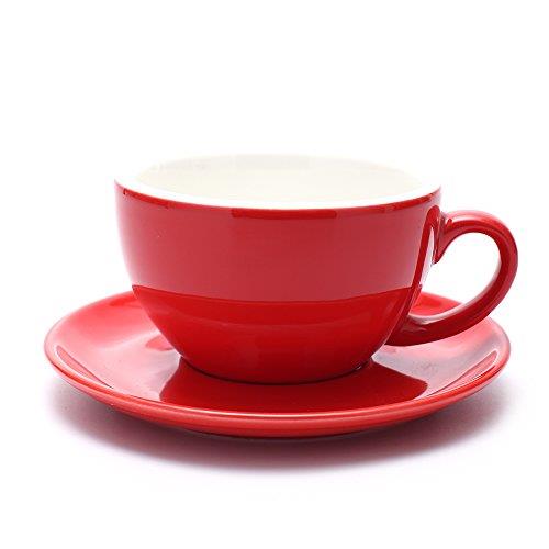 Coffeezone Ceramic Latte Art Cup and Saucer for Latte & Cappuccino & Double Espresso, Mate for Coffee Shop and Barista (Glossy Red, 10.5 oz)