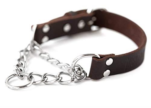Mighty Paw Leather Training Collar, Martingale Collar, Stainless Steel Chain - Premium Quality Limited Chain Cinch Collar. (Medium, Brown)