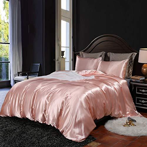Duvet Cover Silky Satin Luxury Royal Hotel Silk Like Pink Satin Bedding Set 1 Duvet Cover 2 Pillowcases (A-Pink, Queen)