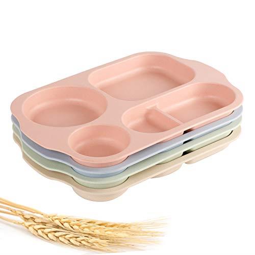 Shopwithgreen Unbreakable Divided Portion Plates - Large 11 Inch 4 PCS Microwave Dishwasher Safe Tray for Kids Adults - Wheat Straw Plastic Material, Lightweight, Durable