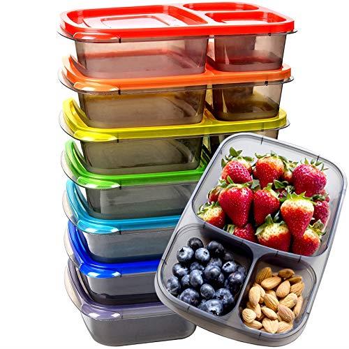 Youngever 7 Pack Bento Lunch Box, Meal Prep Containers, Re-usable 3 Compartment Plastic Divided Food Storage Container (Rainbow)