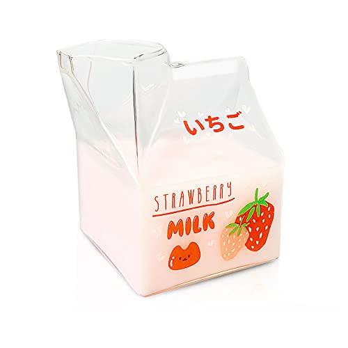 Blsky Kawaii Glass Milk Carton Cup Microwavable 12 Oz Cute Milk Cups Mini Creamer Container Strawberry Square Breakfast Mug Glass Creamer Pitcher with Gift Box (Strawberry)