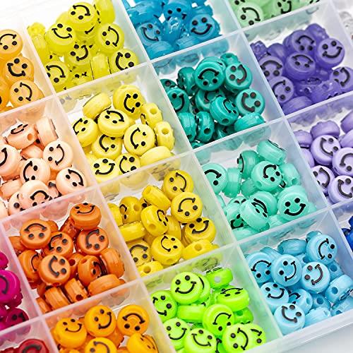 Gxueshan 480 Pcs 14 Colors Acrylic Smile Face Beads for Jewelry Bracelet Earring Necklace Craft Mobile Phone Pendant Making Kit Happy Face Beads