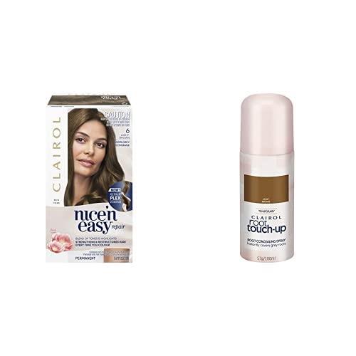 Clairol Hair Colour Bundle: Clairol Nice'N Easy Repair 6 Light Brown + Root Touch Up Root Concealing Spray - Light Brown, For Brown Hair