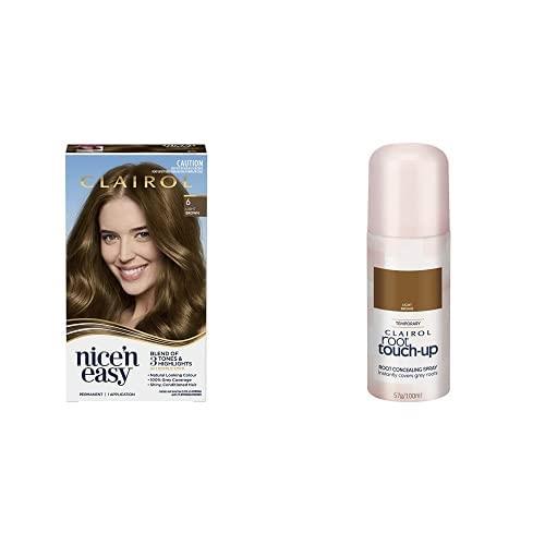 Clairol Hair Colour Bundle: Clairol Nice'N Easy 6 Natural Light Brown + Root Touch Up Root Concealing Spray - Light Brown, For Brown Hair