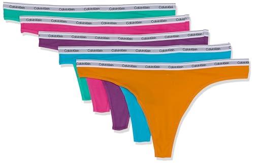Calvin Klein Women's Modern Logo Thong, Pool Green/Fuchsia Fedora/Dahlia/Blue Atoll/Vibrant Orange, Small (Pack of 5)