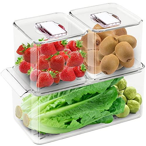 Wavelux Produce Saver Containers for Refrigerator, Food Fruit Vegetables storage, 3 Piece Stackable Fridge Freezer Organizer, Fresh Keeper Drawer Bin Basket with Vented Lids & Removable Drain Tray