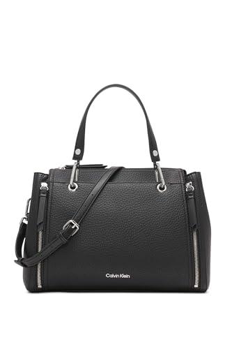 Calvin Klein Reyna Novelty Satchel, Caramel Combo, One Size, Black/Silver Hampton Pebble, One Size