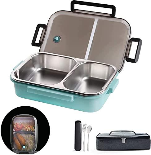 Insulated Bento Box,2 Compartments Bento Lunch Box with Lid and Portable Utensils,Stainless Steel Thermos Bento Lunch Box Leakproof Food Containers for Kids, Adults, Men, Women(Blue)