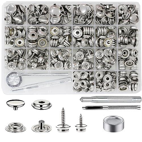 BetterJonny 350 Pieces Canvas Snap Kit, Stainless Steel Screws Snaps Marine Grade Canvas Upholstery Boat Snaps Fastener Press Stud Cap with 3 Setting Tools Material Hole Punch for DIY Cover Leather