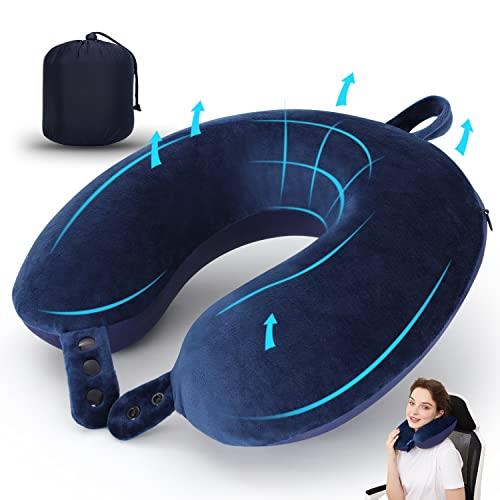 Travel Neck Pillow, Best Memory Foam Airplane Pillow for Head Support Soft Adjustable Pillow for Plane, Car & Home Recliner Use (Dark Blue)