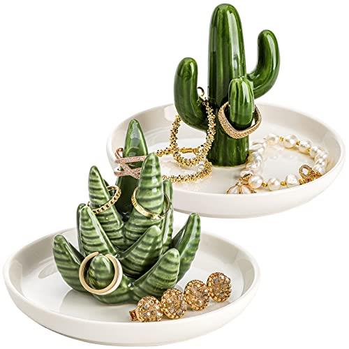 Elsjoy Set of 2 Aloe and Cactus Ring Holder Dish, Ceramic Plant Jewelry Dish Bracelet Earrings Necklace Organizer Tray, Decorative Succulent Trinket Dish for Wedding, Birthday Gifts, Home Decor
