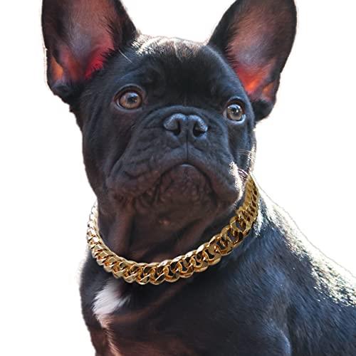 Cuban Link Dog Collar - 3/4 inch Wide Light Metal Gold Chain Dog Necklace, Cute Fashion Jewelry Accessories for Puppy, Trends Custome for Frenchie Dog, Bully, Doberman 16 inches