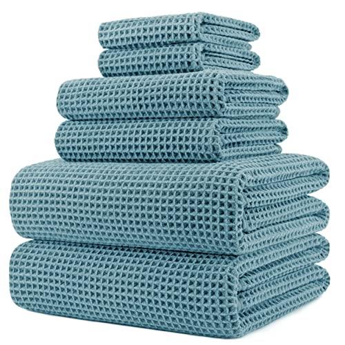 POLYTE Oversize, 60 x 30 in., Quick Dry Lint Free Microfiber Bath Towel Set, 6 Piece (Green, Waffle Weave)
