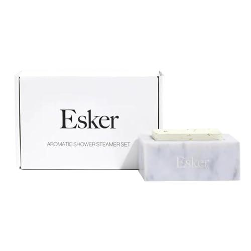 Esker - Aromatic Shower Steamer Set | Vegan, Cruelty-Free, Clean Beauty (Calendula Palo Santo + Eucalyptus Lavender Steamers with Marble Holder)