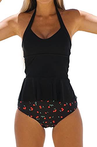 Beachsissi Women High Waisted Two Piece Swimsuits Cherry Print Halter Neck Tummy Control Padded Tankini Sets, Black, XL