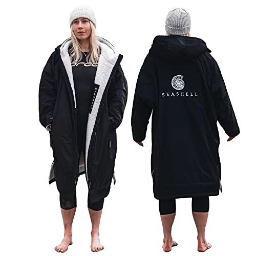 SEASHELL Adult Waterproof Changing Robe with Fleece Lining - Waterproof Windproof Oversized Coat - Swimming - Water-sports, Black, Small-Medium