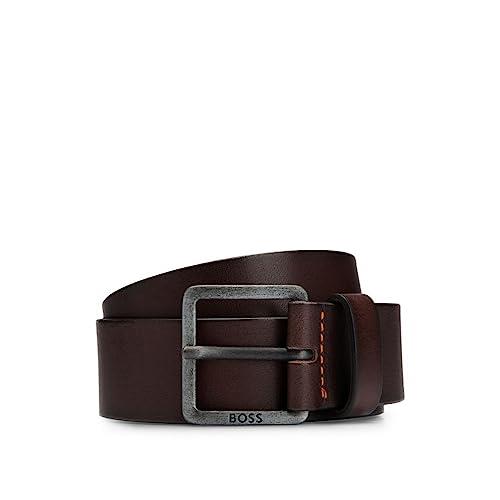 Hugo Boss Jeeko Men's Orange BOSS Italian Leather Belt, Dark Brown, US 34