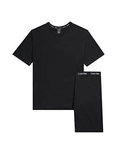 Calvin Klein Men's Cotton Stretch Lounge Short Sleeve Crew and Short Sleep Set, Black Top/Black Bottom, Large