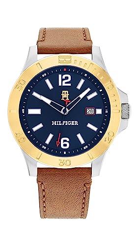 Tommy Hilfiger Ryan Round Analogue Wrist Men's Watch with Leather Strap, Blue/Light Brown
