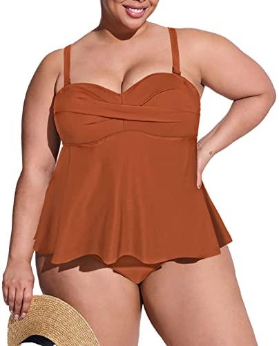 Sovoyontee Women Plus Size Tankini Swimsuit Two Piece Flowy Ruffle Bathing Suits Tummy Control Swimwear, Brown, XX-Large Plus