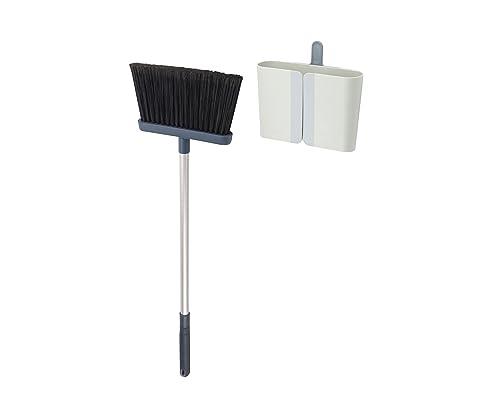 Joseph Joseph CleanStore Wall-Mounted Adjustable Long Handle Broom Sweeper with Dust-Shield Storage, Indoor Sweeping Floor Brush with Soft Bristles and Comb