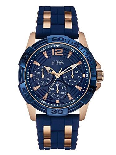 GUESS Iconic Blue Stainless Steel Stain Resistant Silicone Watch with Day, Blue/Rose Gold Tone/Blue, NS, OASIS