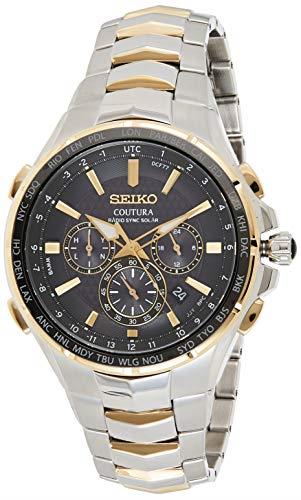SEIKO SSG010 Watch for Men - Coutura Collection - Radio Sync Solar Chronograph, Two-Tone Stainless Steel Case & Bracelet, Black Dial with Lumibrite Hands & Markers, and Date Calendar, Black - SSG010,