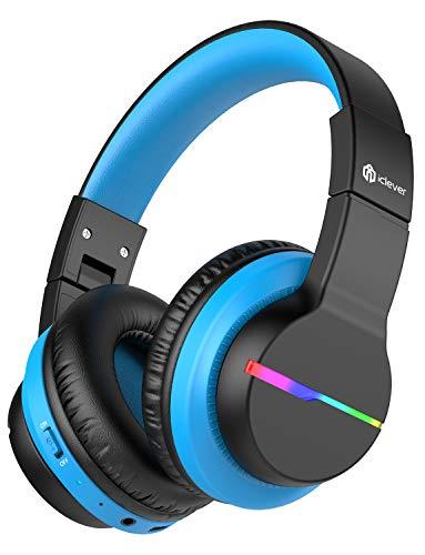 iClever BTH12 Kids Headphones, Colorful LED Lights Kids Wireless Headphones with 74/85/94dB Volume Limited Over Ear, 55H Playtime, Bluetooth 5.2, Built-in Mic for School/Tablet/PC/Airplane, Black&Blue
