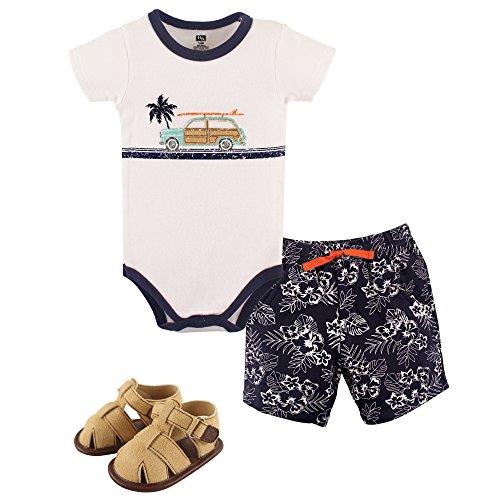 Hudson Baby Unisex Baby Cotton Bodysuit, Shorts and Shoe Set, Surf Car, 9-12 Months