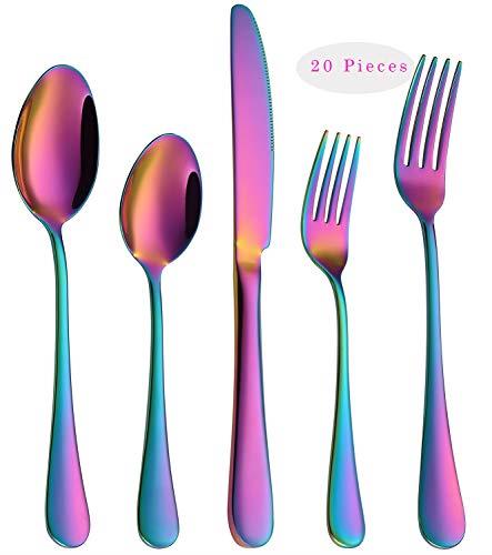 Rainbow Flatware Cutlery Silverware Set 20 Pieces, Stainless Steel Colorful Utensils, Tableware Set Service for 4, Include Knife/Fork/Spoon, Reusable, Mirror Polished, Dishwasher Safe