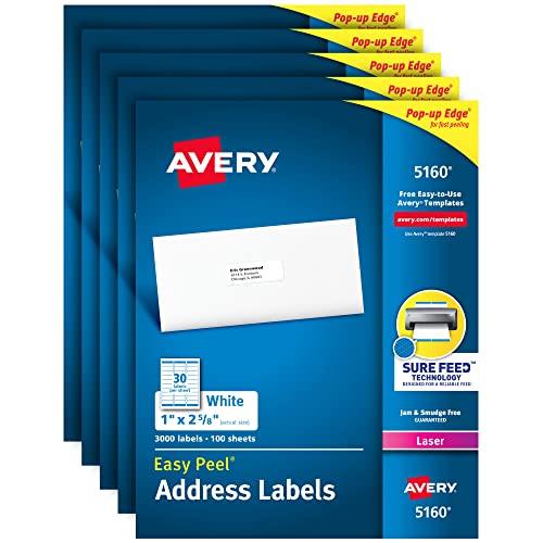 Avery Mailing Address Labels, Laser Printers, 15,000 Labels, 1 x 2-5/8, Permanent Adhesive, FBA Labels (5 Packs 5160)