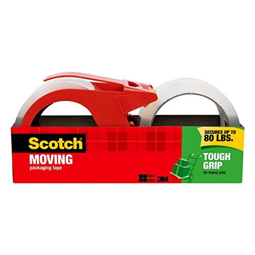 Scotch Tough Grip Moving Packaging Tape, 1.88" x 54.6 yd, Strong Hold on All Box Types Including Recycled, Secures Boxes up to 80 lbs, 3" Core, Clear, 2 Rolls with 1 Dispenser (3500-2-1RD)