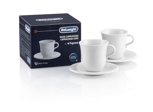 De'Longhi Porcelain Cappuccino Cups DLSC309, Handmade Cappuccino Cups Set of 2, 2 Saucers Included, Microwave and Dishwasher Safe, Capacity 270 ml, White
