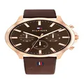 Tommy Hilfiger Ryder Round Analogue Wrist Men's Watch with Leather Strap, Brown/Gold
