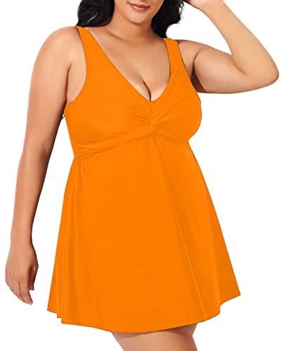 Sovoyontee Women Plus Size Tankini Swimsuit Two Piece Flowy Swimdress Tummy Control Bathing Suits Twist Front Swimwear, Orange, XX-Large Plus